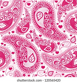 Pink-white valentine seamless pattern with stylized hand drawn birds and paisley (vector)
