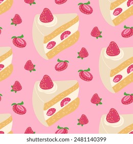 Pinky dessert seamless pattern with strawberry cake and slices of strawberries. Vector hand drawn food illustration on blue background. Good for wrapping paper, background, kitchen textile