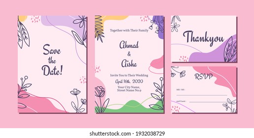 Pinky floral and leaves doodle wedding invitation set. spring and summer season related theme