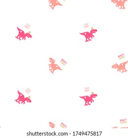 Pinky girl seamless with beauty-saurus tyrannosaur and dino baby. Cute monsters for little princess designs. Animal print with pink dinosaur with crown on white background.