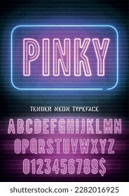 Pinky night light extra glowing effect bold narrow font with numbers on dark brick wall background. Vector fresh neon alphabet