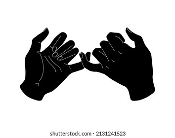 Pinky promise. Black hands silhouette. Little fingers hand drawn. Vector illustration of a pair of people's hands swearing on a white background.