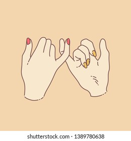 Pinky promise concept vector illustration with two hands performing pinky swear gesture with two little fingers