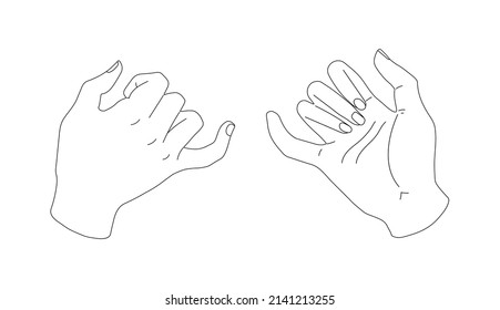 Pinky promise. The contour of the right and left hands, the promise to be together. Black outline of little fingers. Vector illustration of a pair of people's hands swearing on a white background.