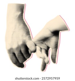 Pinky promise halftone collage element. Two hands gently linking little fingers. Modern retro vector illustration for mixed media design isolated on transparent background