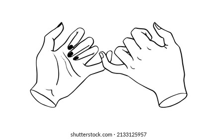Pinky promise. Hand drawn hands isolated. Outline vector illustration of people's hands swearing on a white background.