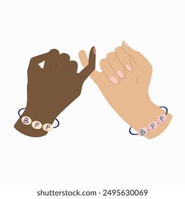 Pinky promise hands with BFF bracelet. Friendship symbol, loyalty. Fingers holding. Simple vector design isolated on white background.