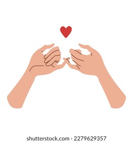 Pinky promise hands gesturing. Concept of reconciliation of friends or lovers. Vector illustration of two hands hook each other with little finger in sketch style isolated on white background.