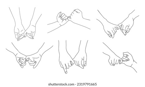 Pinky Promise Hands vector Outline Drawing set.