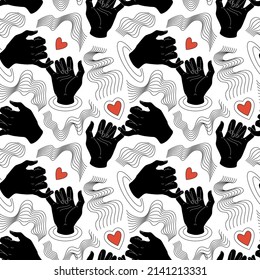 Pinky promise. Seamless pattern black silhouette of hands with red heart. Vector illustration of a couple swearing on a white background. Trend lines.