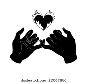 Pinky promise. Silhouette of black hands with a heart on fire. Little fingers hand drawn. Vector illustration of a pair of people's hands swearing on a white background.