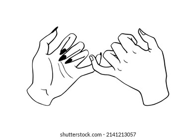 Pinky promise. Sketch of hands, the promise to be together. Black outline of little fingers. Vector illustration of a pair of people's hands swearing on a white background.