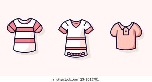Pinky red baby clothes vector icons set. Illustration. Outlined and filled icons of clothes. Fashion.
