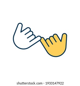 Pinky swear RGB color icon. Making pinky promise. Friendly hand gesture. Binding contract. Sacred vow. Symbolic agreement gesture. Friendship, love promise. Isolated vector illustration