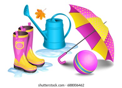 Pink-yellow gumboots in puddles, children's umbrella, blue watering can, toy ball and maple leaf. Childhood, autumn and rain concept. Vector illustration