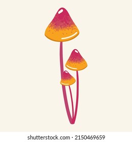 Pink-yellow magic mushroom on a light background. Psychedelic style. Flat design, cartoon hand drawn, vector.