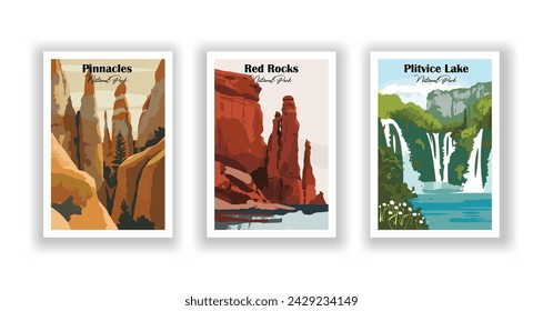 In: Pinnacles, National Park. Plitvicer See, Nationalpark. Red Rocks, Nationalpark - Vintage Reiseplakat. Vektorgrafik. Qualitativ hochwertige Ausdrucke