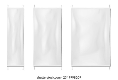 Pinned blank white wall banner set. Realistic vector mock-up. Empty vinyl poster mockup. Template for design