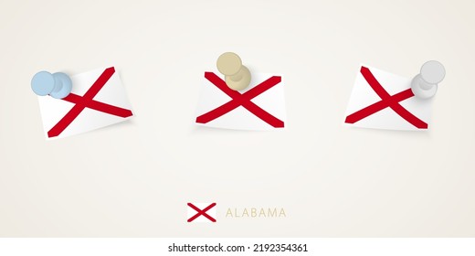 Pinned flag of Alabama in different shapes with twisted corners. Vector pushpins top view. Flag set.