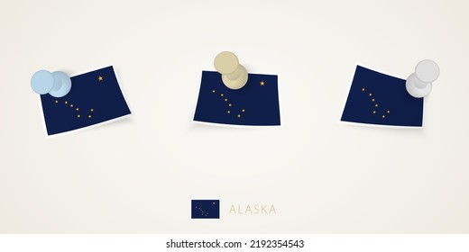 Fahne aus Alaska in verschiedenen Formen mit verdrehten Ecken. Vektor schiebt Stifte Draufsicht. Flag-Set.
