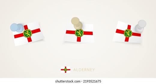 Pinned flag of Alderney in different shapes with twisted corners. Vector pushpins top view. Flag set.