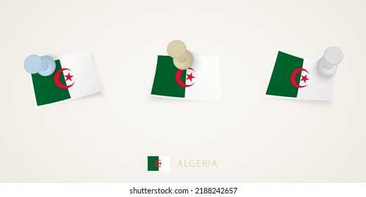 Pinned flag of Algeria in different shapes with twisted corners. Vector pushpins top view. Flag set.