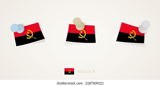 Pinned flag of Angola in different shapes with twisted corners. Vector pushpins top view. Flag set.