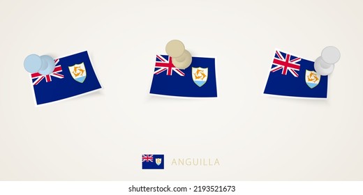 Pinned flag of Anguilla in different shapes with twisted corners. Vector pushpins top view. Flag set.