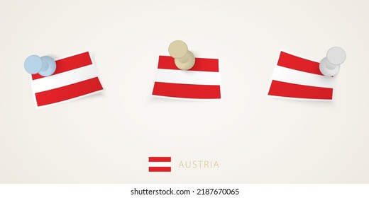 Pinned flag of Austria in different shapes with twisted corners. Vector pushpins top view. Flag set.