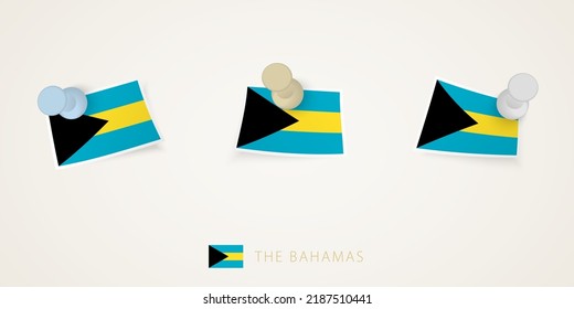 Pinned flag of The Bahamas in different shapes with twisted corners. Vector pushpins top view. Flag set.