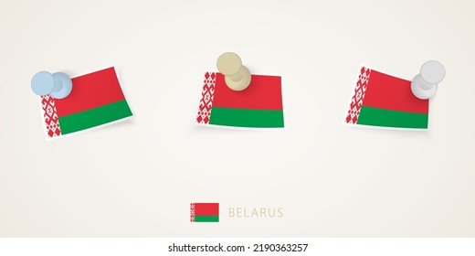 Bandera encorvada de Bielorrusia de diferentes formas con esquinas torcidas. El vector supera la vista superior. Juego de marcas.