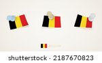 Pinned flag of Belgium in different shapes with twisted corners. Vector pushpins top view. Flag set.