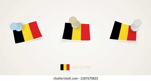 Pinned flag of Belgium in different shapes with twisted corners. Vector pushpins top view. Flag set.