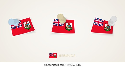 Pinned flag of Bermuda in different shapes with twisted corners. Vector pushpins top view. Flag set.