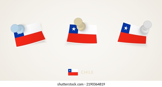 Pinned flag of Chile in different shapes with twisted corners. Vector pushpins top view. Flag set.