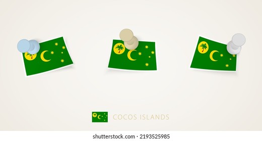 Pinned flag of Cocos Islands in different shapes with twisted corners. Vector pushpins top view. Flag set.