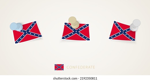 Pinned flag of Confederate in different shapes with twisted corners. Vector pushpins top view. Flag set.
