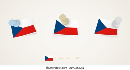 Pinned flag of Czech Republic in different shapes with twisted corners. Vector pushpins top view. Flag set.
