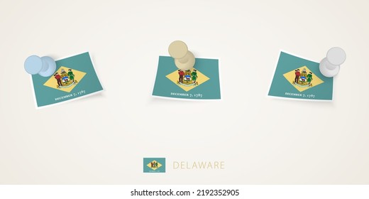 Pinned flag of Delaware in different shapes with twisted corners. Vector pushpins top view. Flag set.