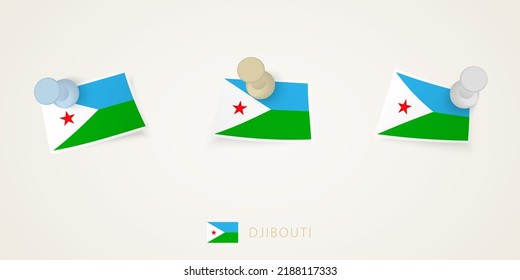 Pinned flag of Djibouti in different shapes with twisted corners. Vector pushpins top view. Flag set.