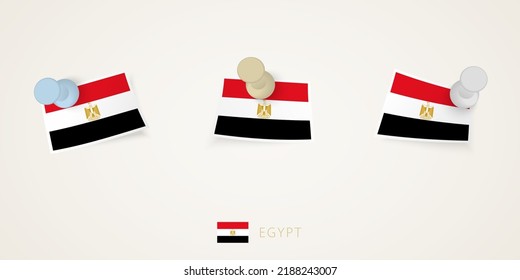 Pinned flag of Egypt in different shapes with twisted corners. Vector pushpins top view. Flag set.