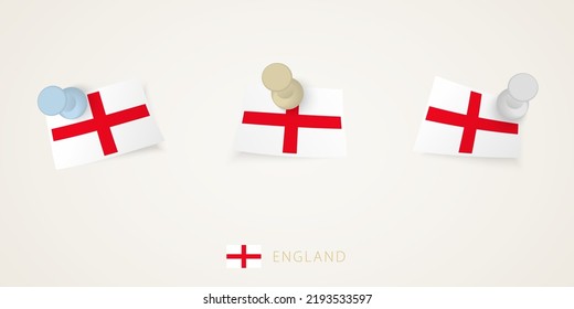 Pinned flag of England in different shapes with twisted corners. Vector pushpins top view. Flag set.