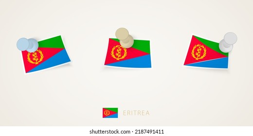 Pinned flag of Eritrea in different shapes with twisted corners. Vector pushpins top view. Flag set.