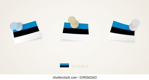 Pinned flag of Estonia in different shapes with twisted corners. Vector pushpins top view. Flag set.