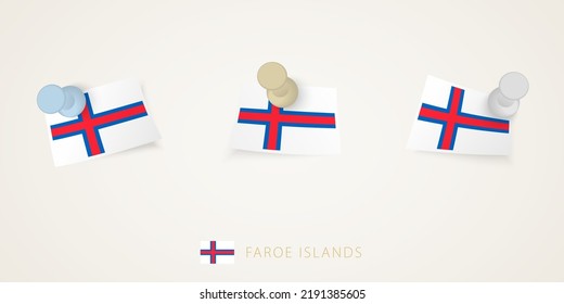 Pinned flag of Faroe Islands in different shapes with twisted corners. Vector pushpins top view. Flag set.