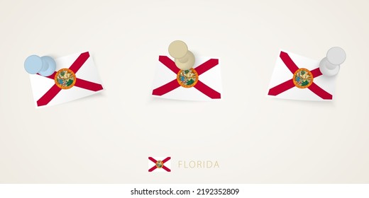 Pinned flag of Florida in different shapes with twisted corners. Vector pushpins top view. Flag set.