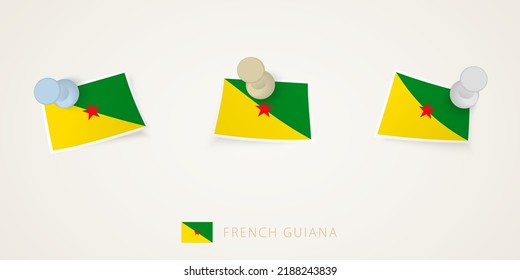 Pinned flag of French Guiana in different shapes with twisted corners. Vector pushpins top view. Flag set.