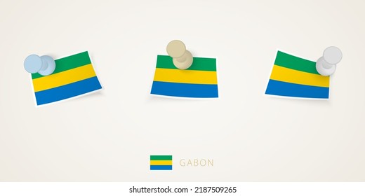 Bandera encorvada de Gabón en diferentes formas con esquinas torcidas. El vector supera la vista superior. Juego de marcas.