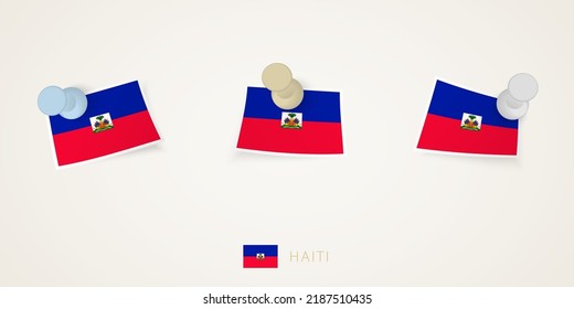Pinned flag of Haiti in different shapes with twisted corners. Vector pushpins top view. Flag set.