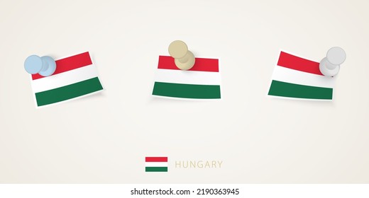 Pinned flag of Hungary in different shapes with twisted corners. Vector pushpins top view. Flag set.